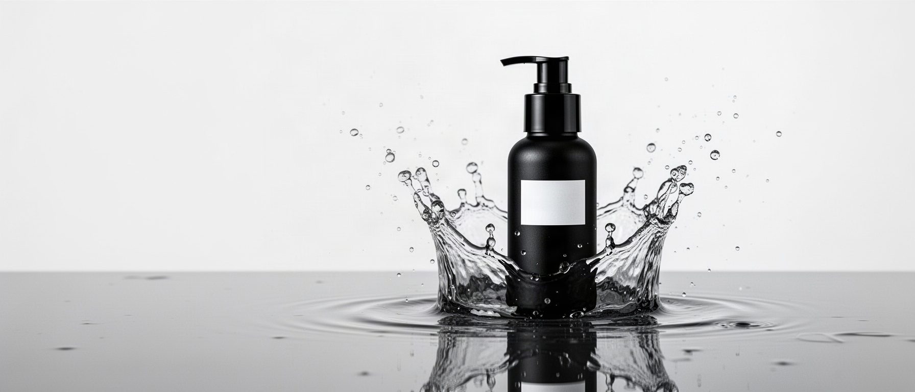Leche de limpieza VONG entre un splash de agua sobre fondo gris claro