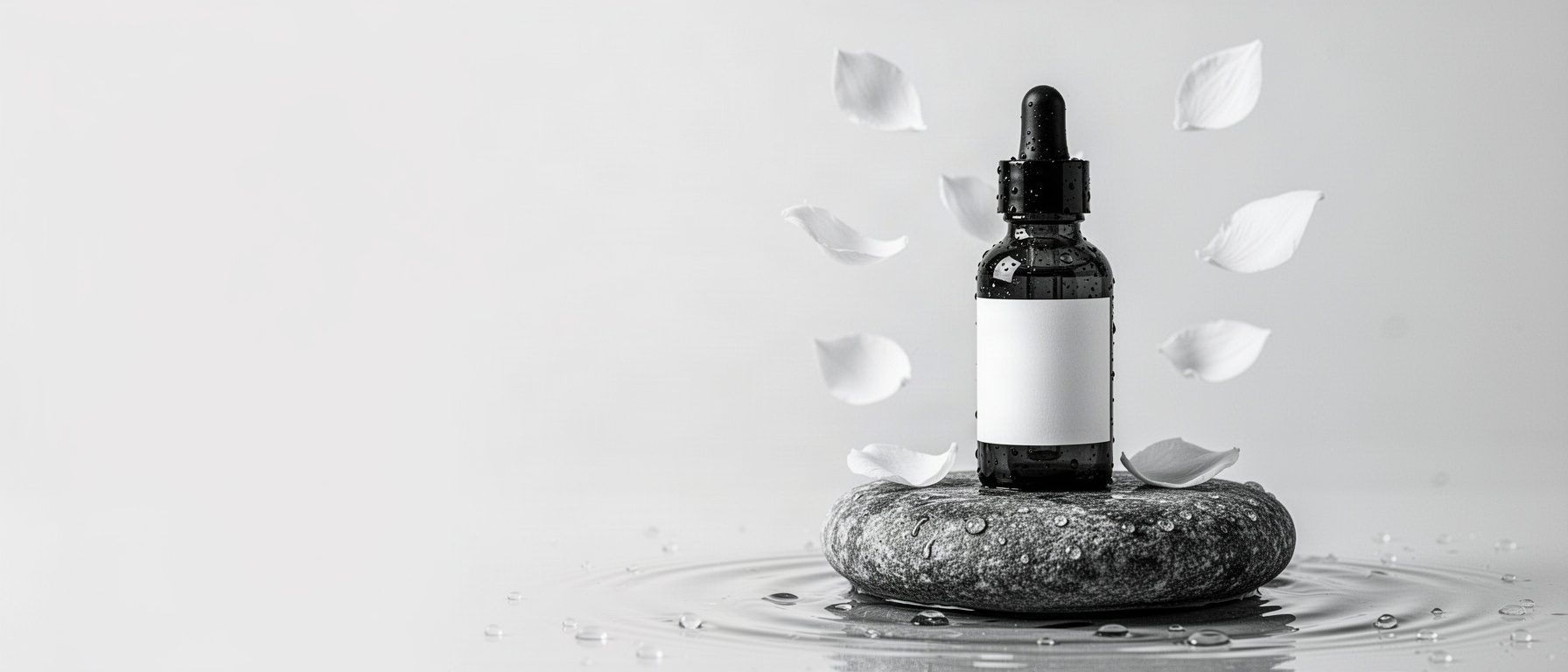 Sérum VONG sobre piedra con pétalos blancos