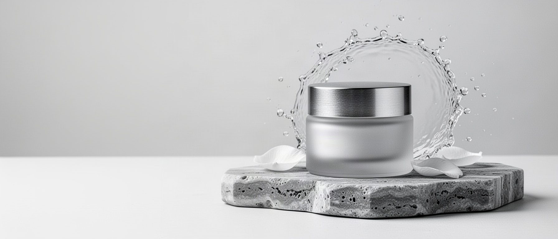Crema hidratante VONG con splash de agua sobre piedra